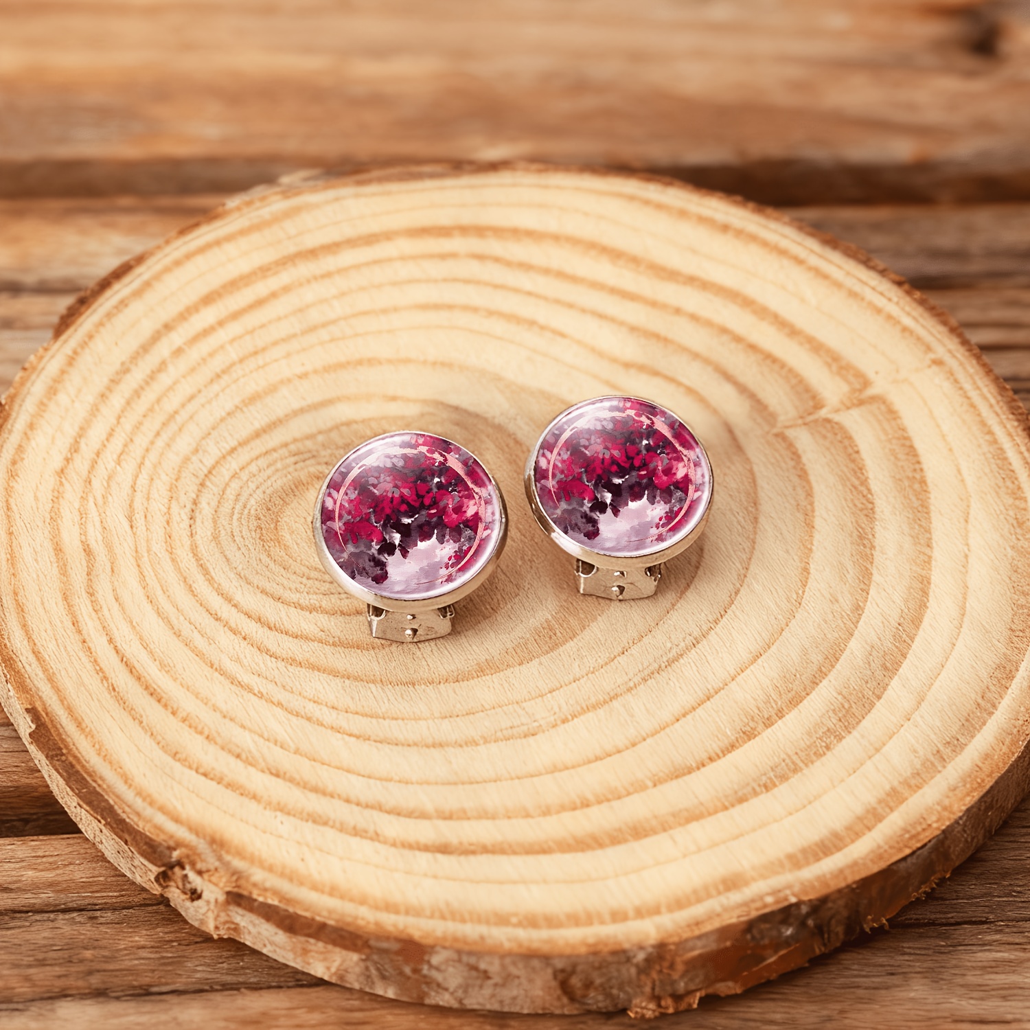 2pc Artistic No-Pierced Round Glass Earrings Set, Red Abstract Design